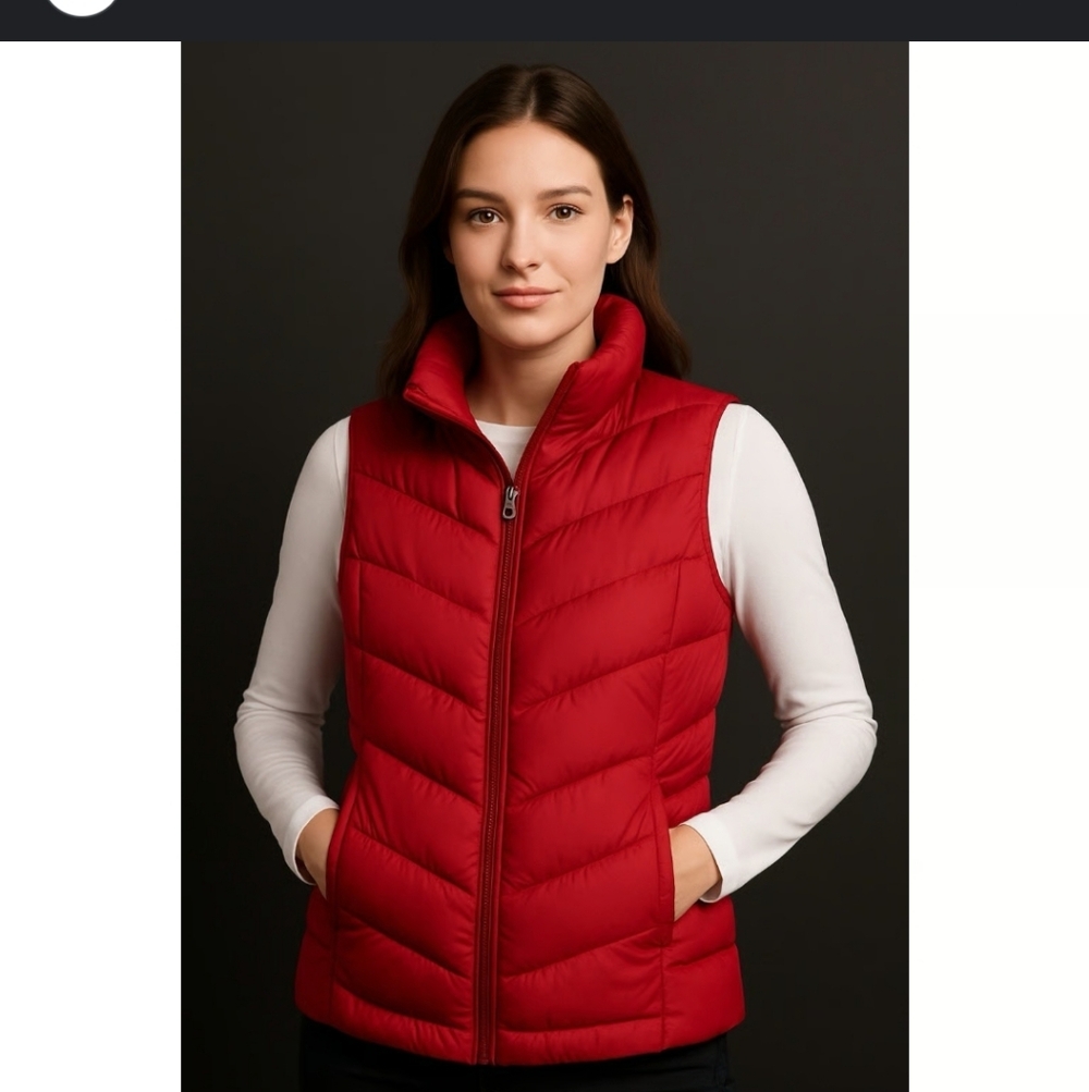 Lands' End Women's Down Feather Red Puffer Vest With Pockets